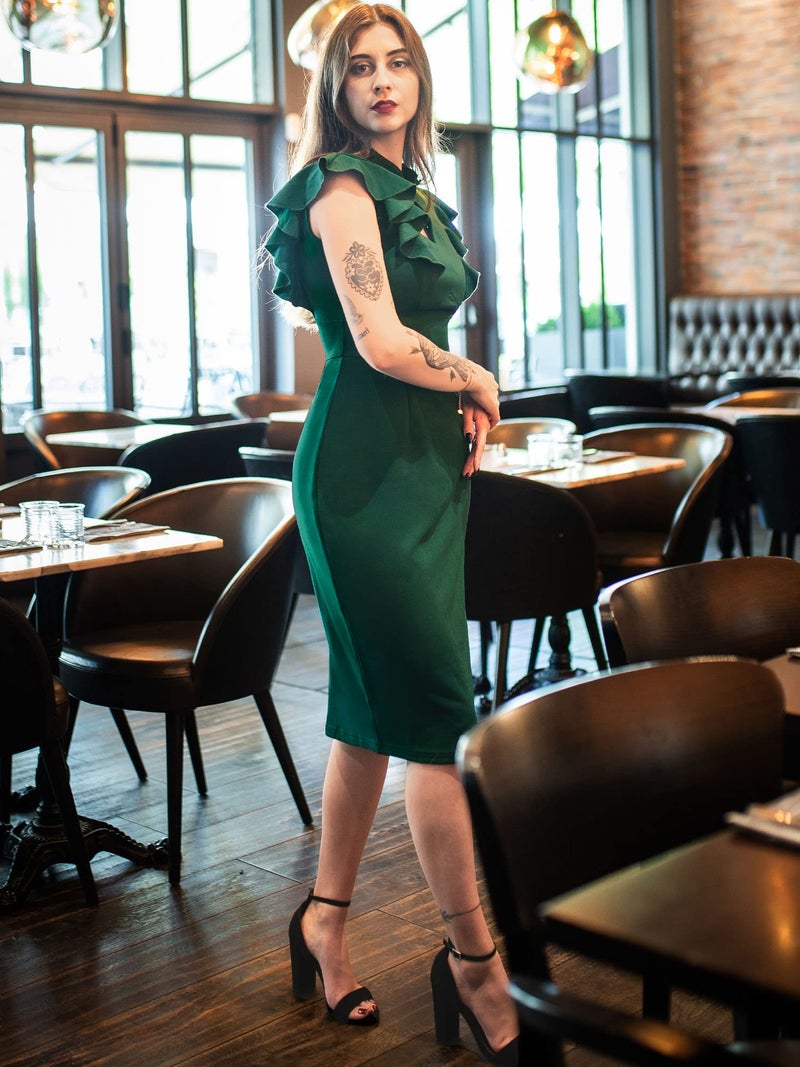 Knitee Women's Vintage Ruffle Sleeve V-Neck Bodycon Evening Party Cocktail Pencil Sheath Dress (Dark Green, Small) - Image 4